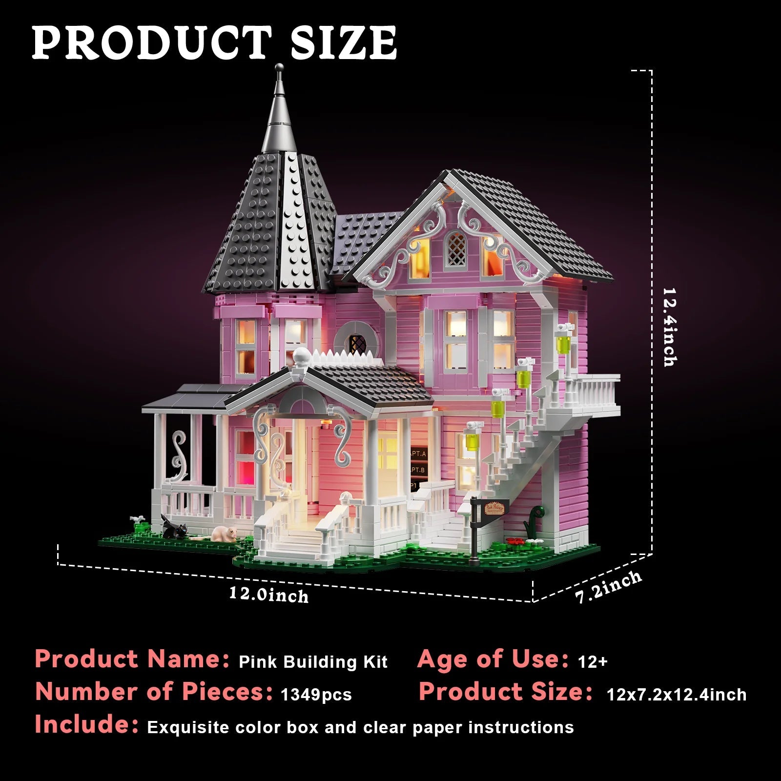 Pink Palace Haunted House building block set with lights, 1349 pieces for kids